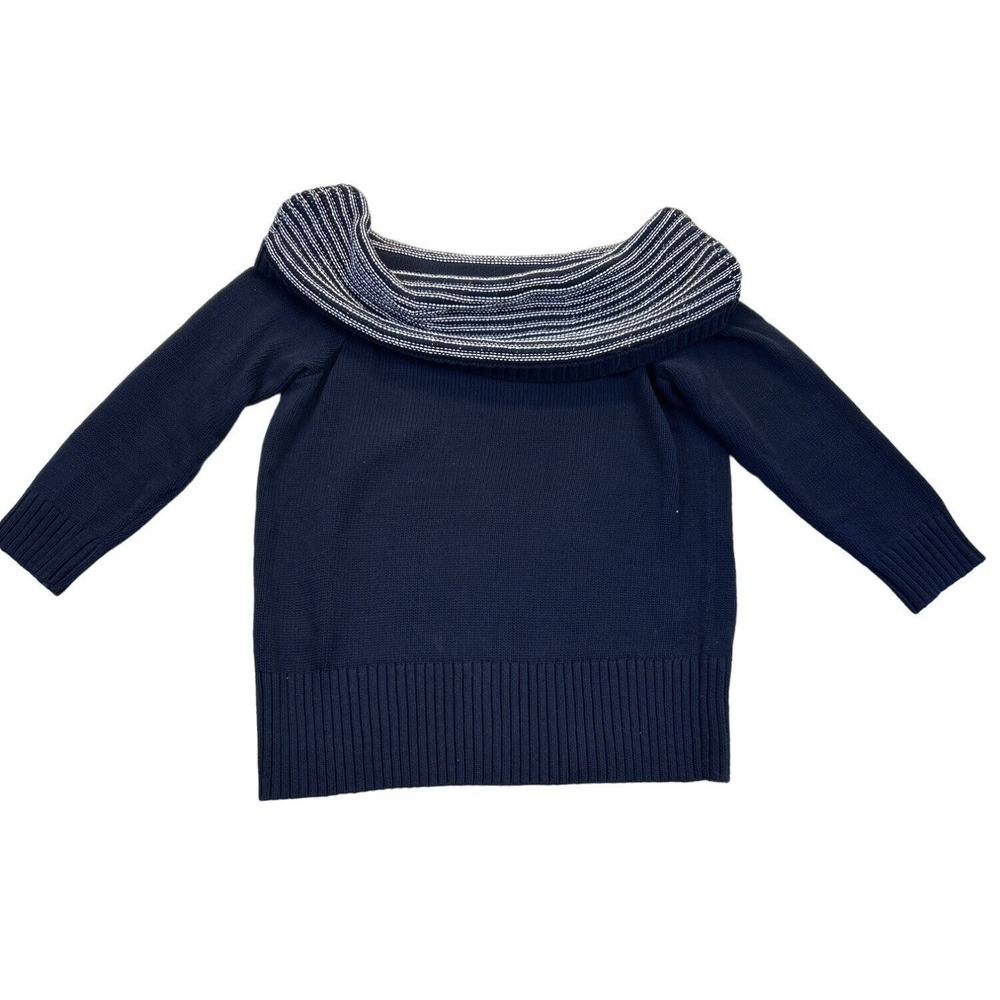 LOFT Sweater Womens Medium Blue White Striped‎ Cowl Neck 3/4 Sleeve